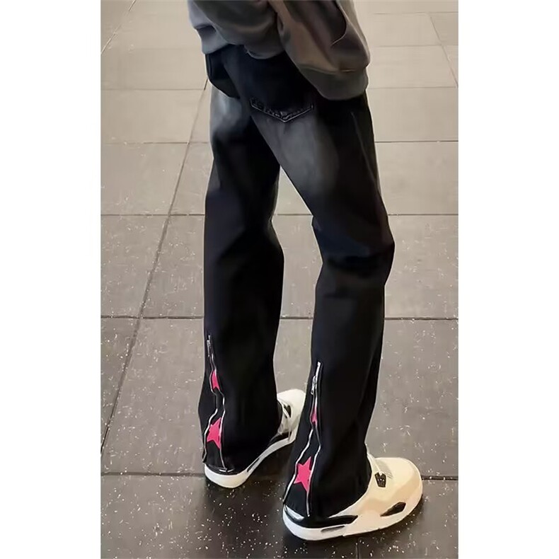 美式高街vibe裤子拉链修身牛仔裤男设计感直筒微喇裤LX0155-P45,男装牛仔裤,星座1008