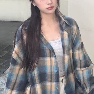 TC620-P45美式慵懒风格子衬衫外套女秋冬季衬衣小个子长袖上衣图片