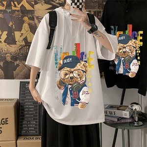 LD54211-P45 连帽短袖t恤男大码胖子带帽五分袖中袖 海报风图片