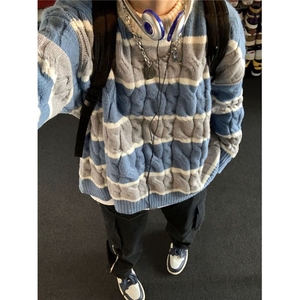 条纹针织衫女秋季破洞不规则设计感小众宽松中长款慵懒风毛衣上衣图片
