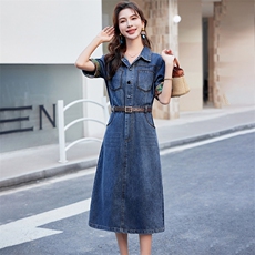 时尚减龄中式牛仔裙衬衫领收腰舒适牛仔长裙连衣裙女夏款，女装连衣裙，丽影随形