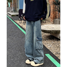 美式大口袋工装牛仔裤男冬季潮牌宽松休闲百搭直筒裤子RK2360-P53，男装牛仔裤，星座412-3
