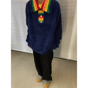 网图有货 彩虹条纹翻领毛衣男慵懒风高龄毛绒针织衫 A122-P65图片