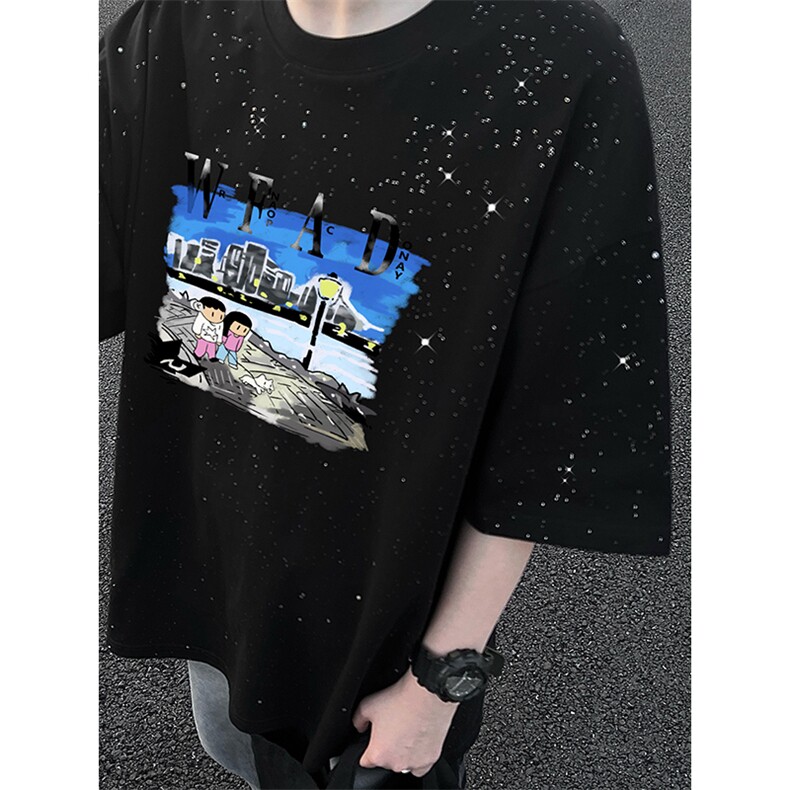 量大优供抖音视频支持得物配合二开美式满天星亮片短袖T恤MTX513,男装T恤,电商A486
