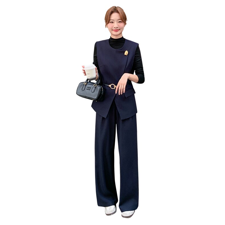 藏青色背心马甲阔腿裤套装女夏2025新款轻熟风巨好看通勤三件套,女装套装/套裙,1C150