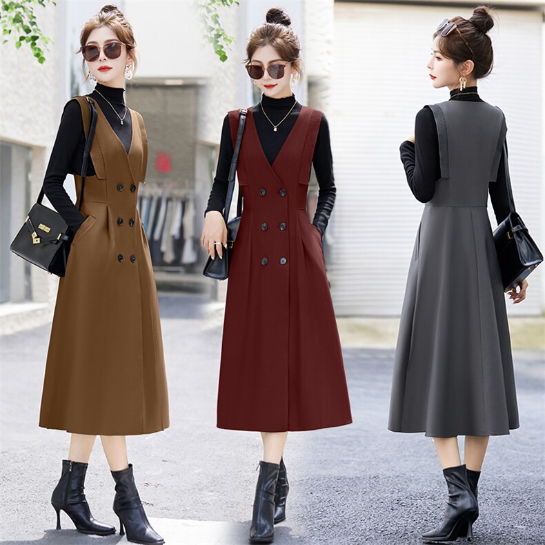 时尚新款马甲连衣裙两件套修身显瘦气质百搭长袖套装，女装连衣裙，鑫鑫美