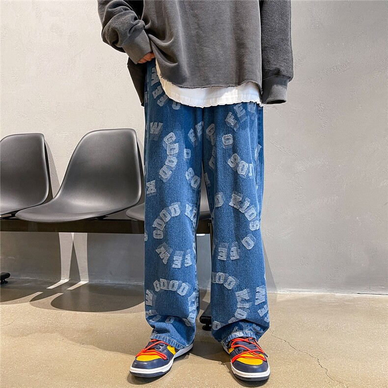 推荐！港风宽松潮流直筒牛仔长裤男女B377-N679-P4558,男装休闲裤,电商B377