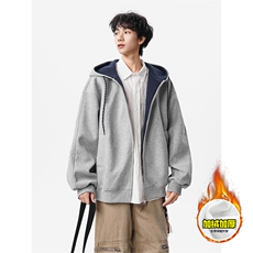 480G重磅加绒硬挺boxy男女秋冬美式高街双层撞色连帽卫衣开衫外套，女装短外套，电商A486-1