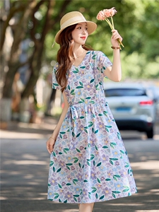 温柔风花卉印花纯棉连衣裙女2026夏薄款短袖气质收腰显瘦减龄裙子图片