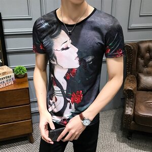 2021夏季新款美女印花短袖T恤男 钱塘3029-8901 真模图片
