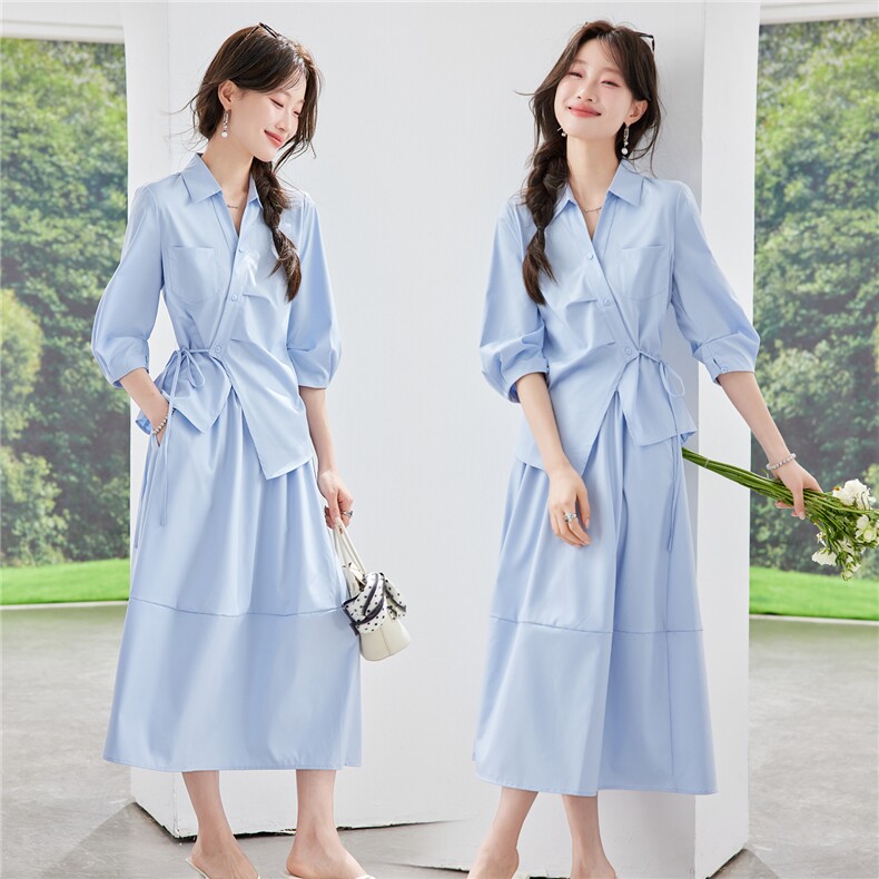 《现货26夏上新》清新蓝色休闲衬衫收腰+半裙两件套裙女，女装套装/套裙，时尚风爆