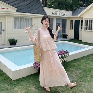 法式小资泡泡袖粉色连衣裙配上衣套装女夏超火好看绝美长裙两件套图片