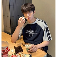 抖音得物品质二开240克宽松纯棉美式潮牌插肩三杠织带短袖T恤，男装T恤，电商A486