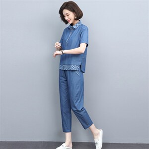 休闲妈妈洋气套装2022夏新款大码牛仔上衣裤子两件套图片
