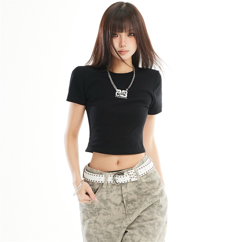美式正肩短袖T恤女夏季新款基础款辣妹修身短款露脐上衣YD268-P30图片