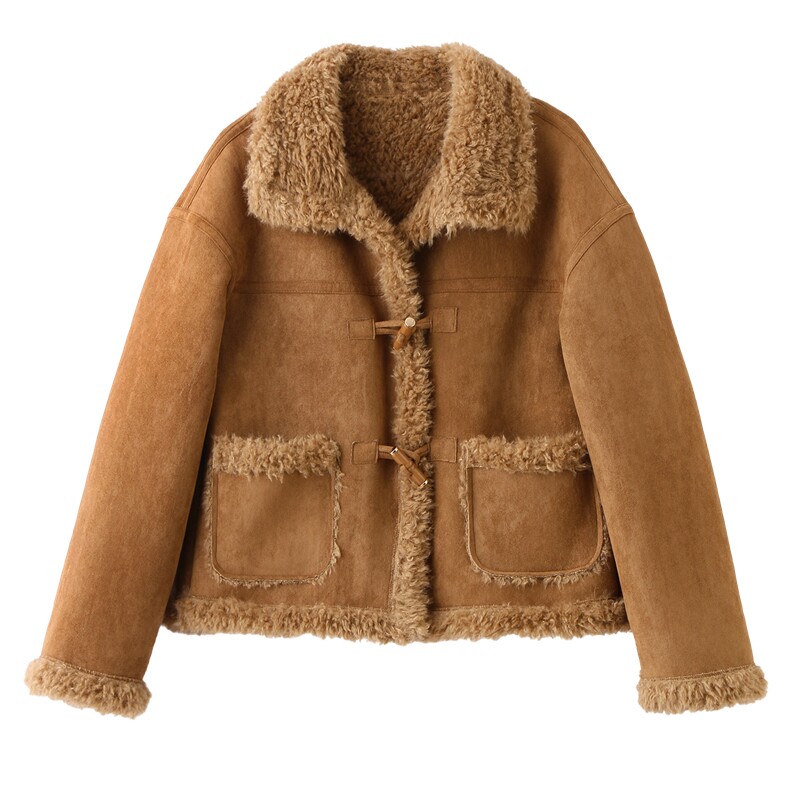 巨好看鹿皮绒皮毛一体外套女冬季新款小个子短款加绒加厚棉服,女装短外套,英标秀（1C119）