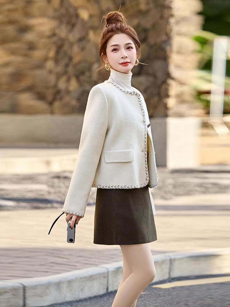 现货主推新款双面羊毛小香风织带撞色羊毛呢子小个子短外套,女装毛呢外套,丝露怡语
