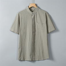 男士衬衫短袖衬衣半袖纯棉麻衬衫立领休闲XZ1512-2412-P25，男装衬衫，星座1512