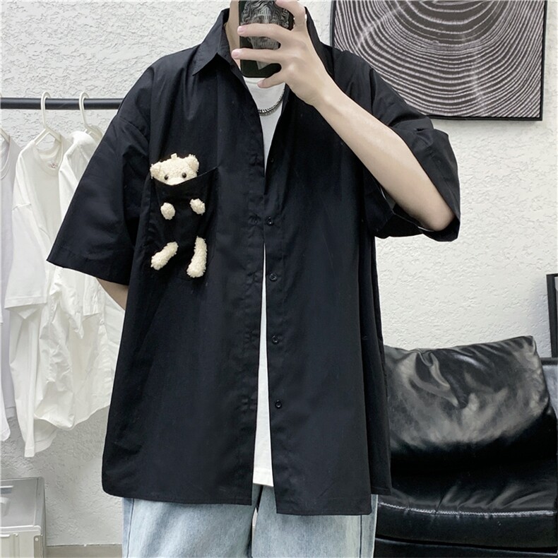小熊衬衫男港风日系新款短袖衬衣韩版潮流新款宽松半袖W867-P30,男装衬衫,星座512-2