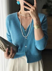 羊毛开衫女短款宽松毛衣外套春秋新款韩版V领针织衫薄款，女装针织衫/毛衣，伟泽羊绒