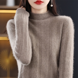 24秋冬新款100%羊毛衫女半高领抽条宽松慵懒毛衣羊绒衫针织打底衫图片