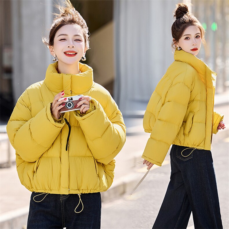 色羽绒服宽松短款外套2024冬装立领抽绳简约显白面包服女,女装羽绒服,雅佳俏