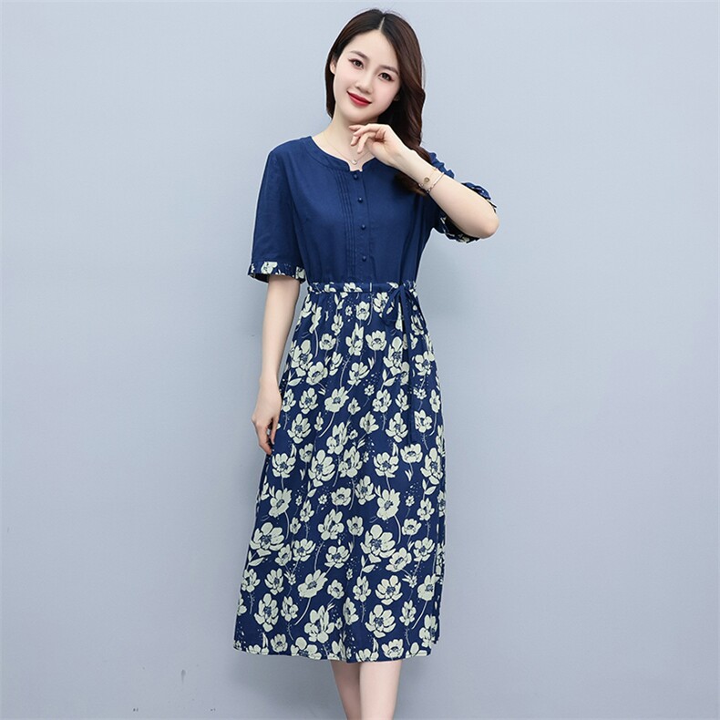 2023夏季新款时尚气质收腰显瘦休闲舒适拼接棉麻连衣裙,女装连衣裙,独衣靓