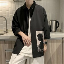 冰丝短袖衬衫男夏季港风宽松七分袖衬衣ins痞帅印花休闲CS40-p30，男装衬衫，星座1008