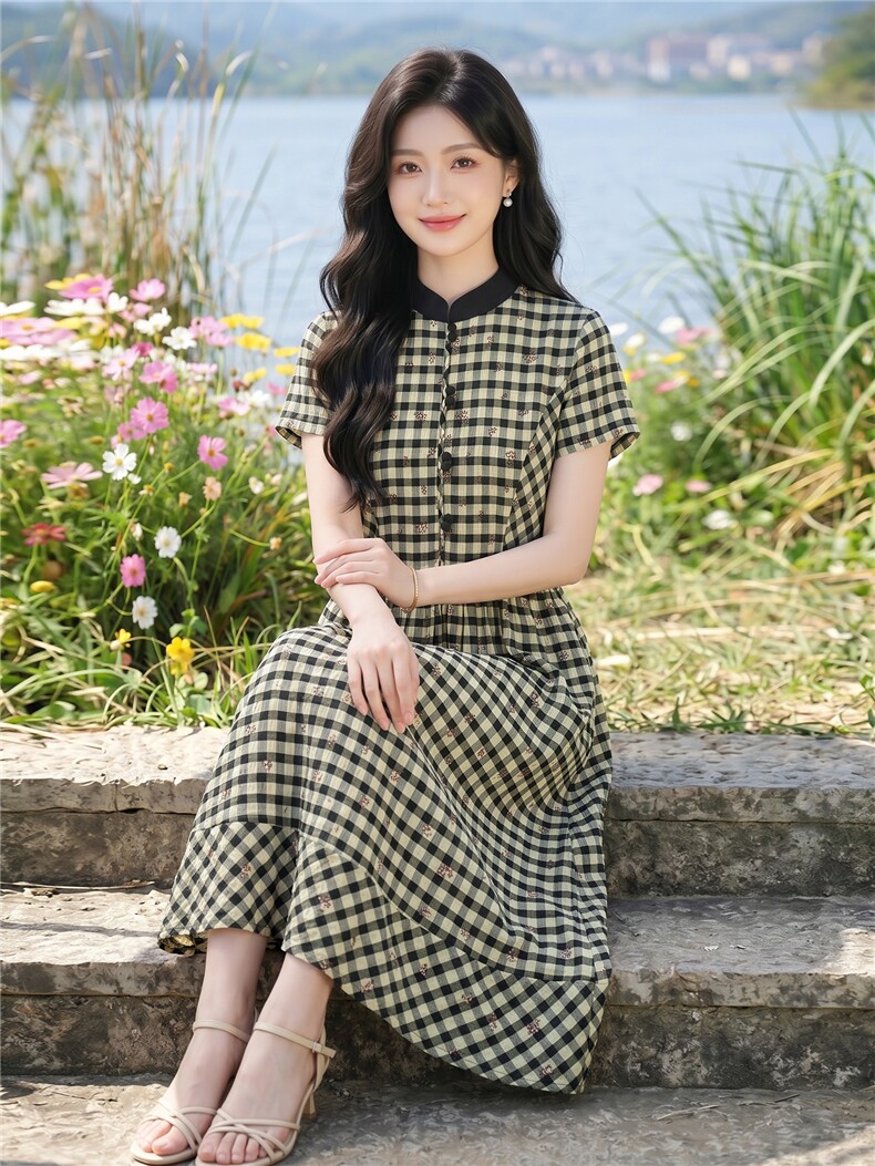 弹力面料学院风格纹连衣裙女春夏收腰显瘦中长裙格子裙子,女装连衣裙,水衣源