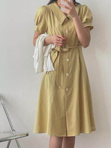 现货 韩系芥末黄收腰连衣裙图片