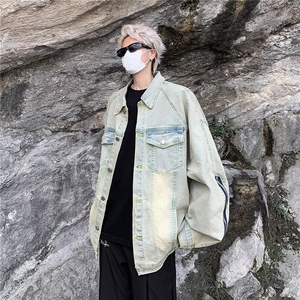 美式高街Vibe黄泥做旧水洗翻领牛仔夹克男FOG拉链外套男 JK8887图片
