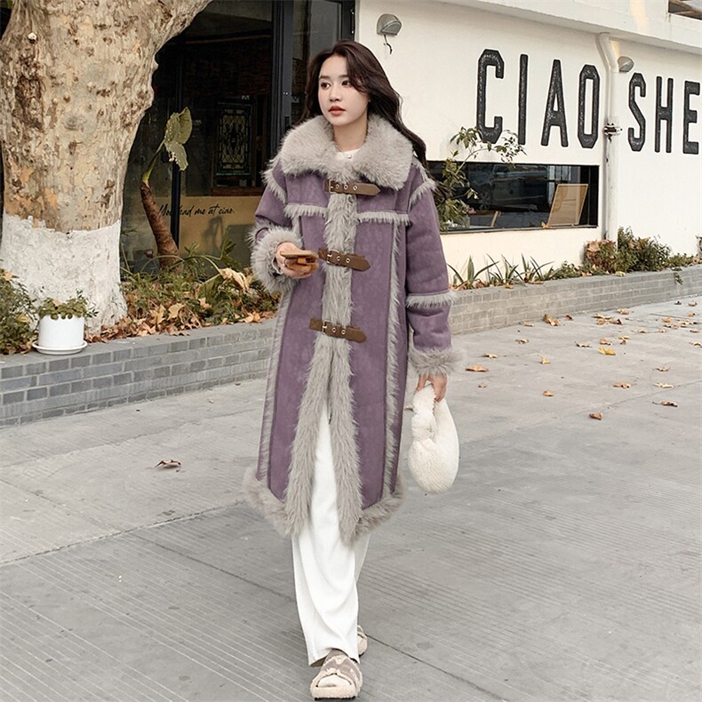毛绒外套宽松2024新款女中长款可爱慵懒风拼接厚皮毛一体大衣冬季，女装皮草，秋水欣儿