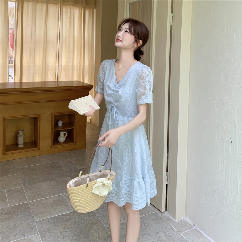 现货-2025年夏季新款法式气质百搭V领刺绣连衣裙女,女装连衣裙,1D102-1