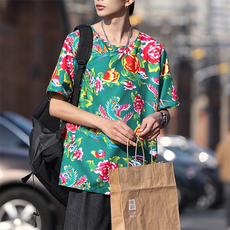 HT203东北大花圆领短袖T恤可套装风民族特色汉服团队服大码男，男装T恤，星座115A(原星座507）