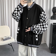 秋季美式潮流格子拼接棒球服外套男宽松夹克情侣上衣JK02226-P65，男装夹克，星座308B-1
