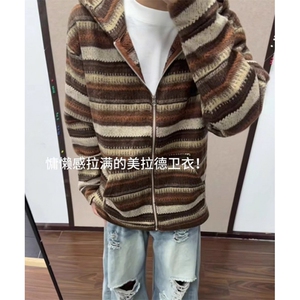 棕色撞色条纹开衫卫衣男款慵懒连帽针织衫小香风外套 WY06图片