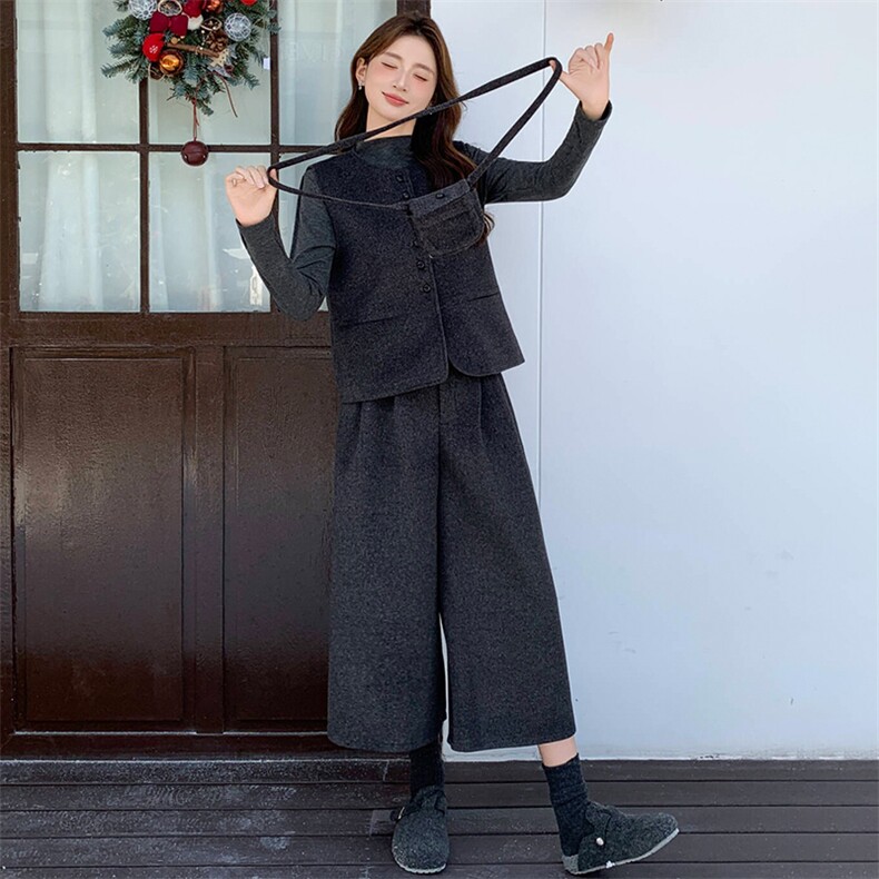2026年春季法式时尚潮流舒适洋气带高级感磨毛呢马甲三件套裤,女装套装/套裙,超帛
