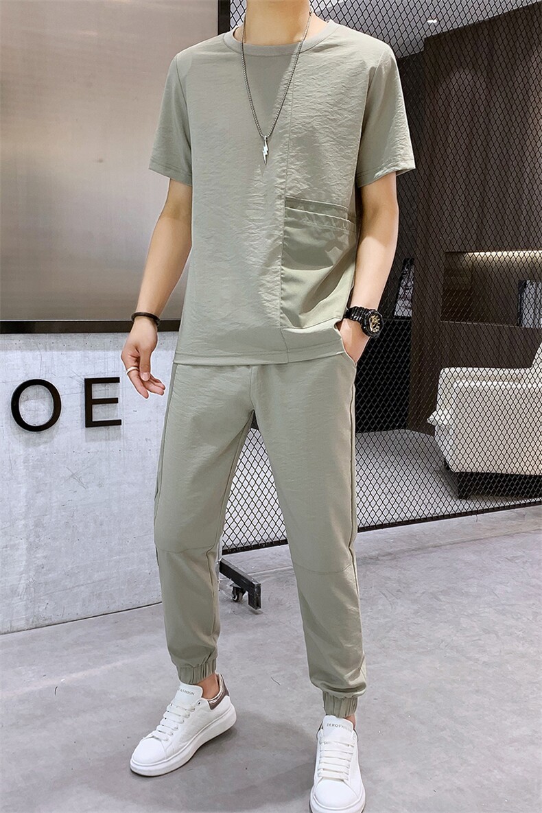 夏季冰丝薄款短袖T恤休闲两件套宽松潮流空调长裤A436-2166-P60,男装T恤,电商A436