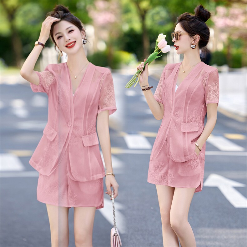 欧货时尚刺绣短裤套装女2025夏款今年流行漂亮气质炸街西装两件套，女装套装/套裙，韩美纤衣