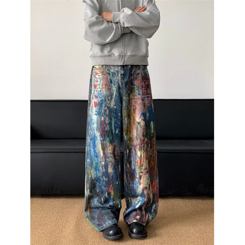2025美式涂鸦油画牛仔裤男设计感小众油漆直筒休闲裤潮,男装牛仔裤,星座410-6（原星座1304-1）