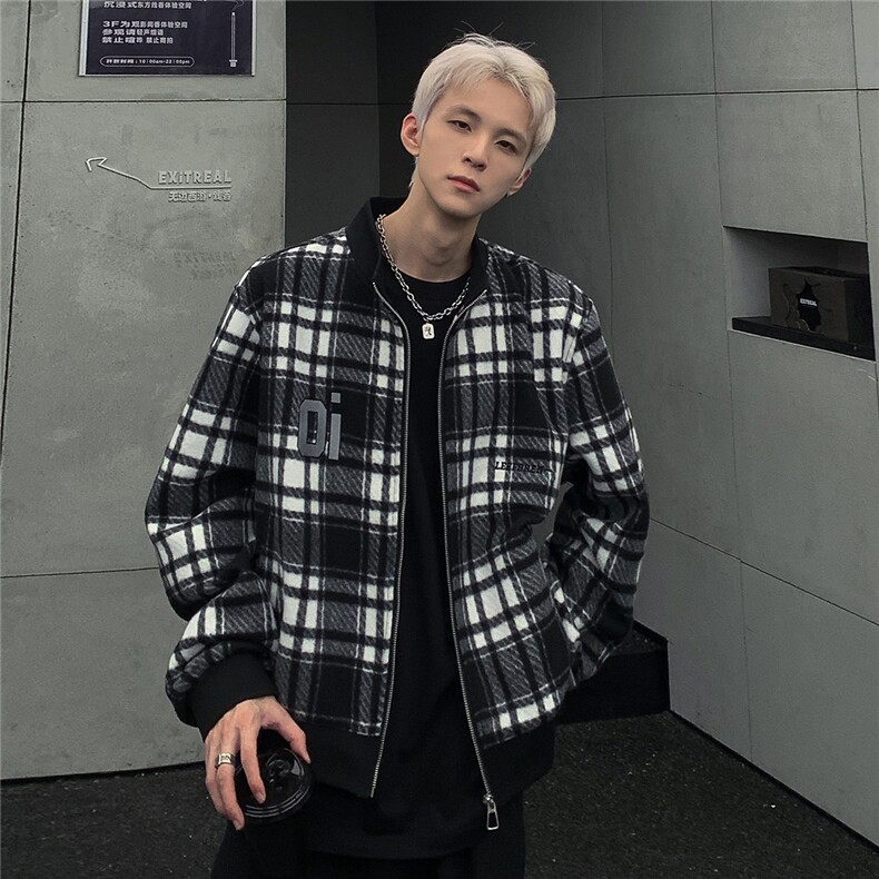 潮牌男秋冬季夹克黑白格纹立领棒球服毛尼夹克JK98-P98,男装夹克,电商C307