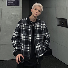 潮牌男秋冬季夹克黑白格纹立领棒球服毛尼夹克JK98-P98，男装夹克，电商C307