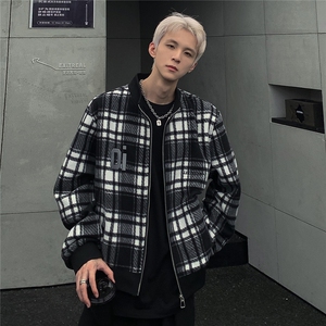 潮牌男秋冬季夹克黑白格纹立领棒球服毛尼夹克JK98-P98图片