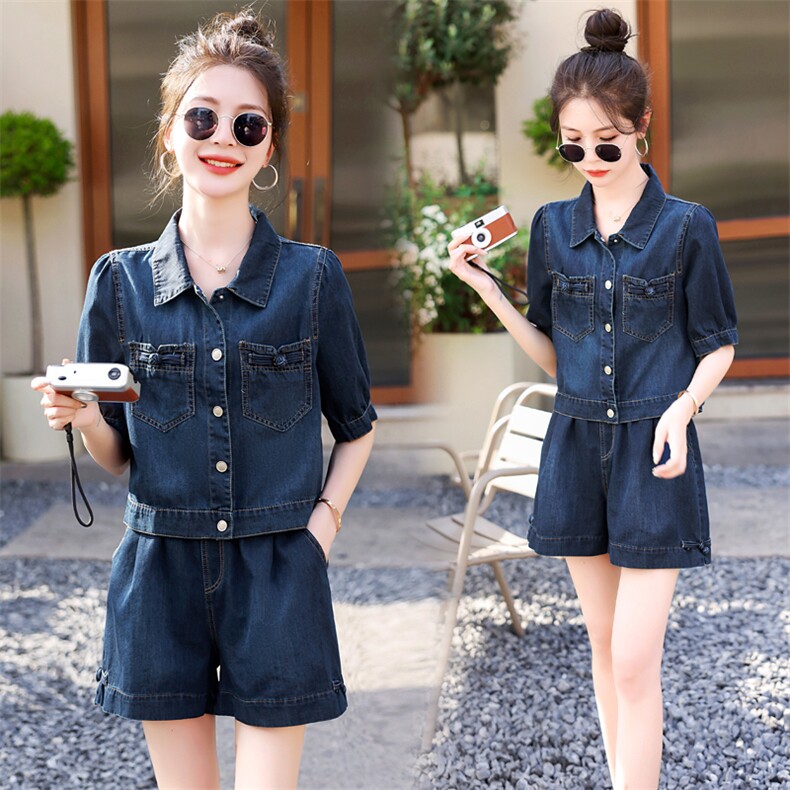 牛仔短裤套装女夏小个子港风复古2025新款高端欧货洋气减龄两件套，女装套装/套裙，意芙