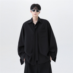 设计感系带衬衫男女春季新款宽松长袖衬衣纯色打底百搭衬衫p48图片