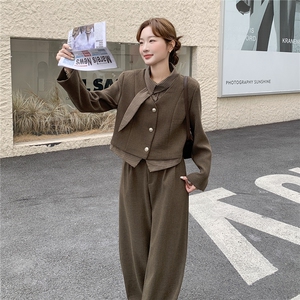 小香风卡其色毛呢套装女冬高级感加棉内胆外套半身裙气质两件套图片