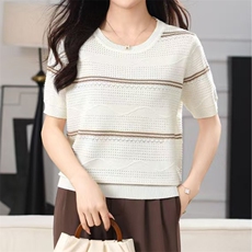 黑白条纹五分袖针织衫25年夏宽松圆领中袖T恤打底衫薄款半袖上衣，女装T恤，暖姿羊绒