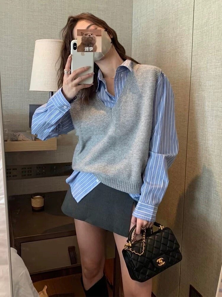 灰色羊毛马甲女V领2024新款早春秋针织毛衣背心宽松无袖坎肩外搭，女装马甲，雪真羊绒