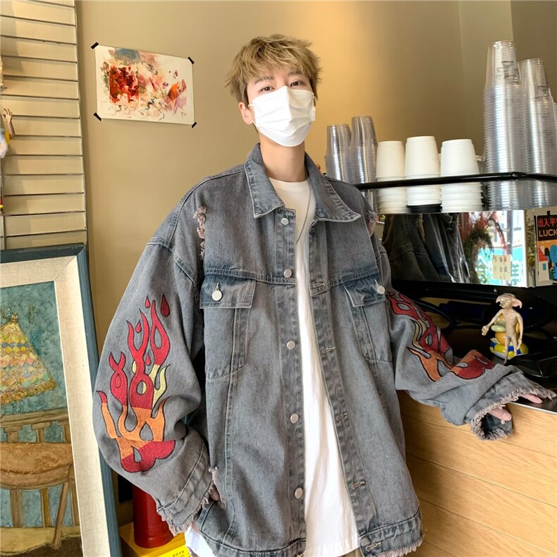 牛仔外套男生秋季新款潮水洗火焰刺绣美式高街夹克JK8322-P63,男装夹克,星座1109-3