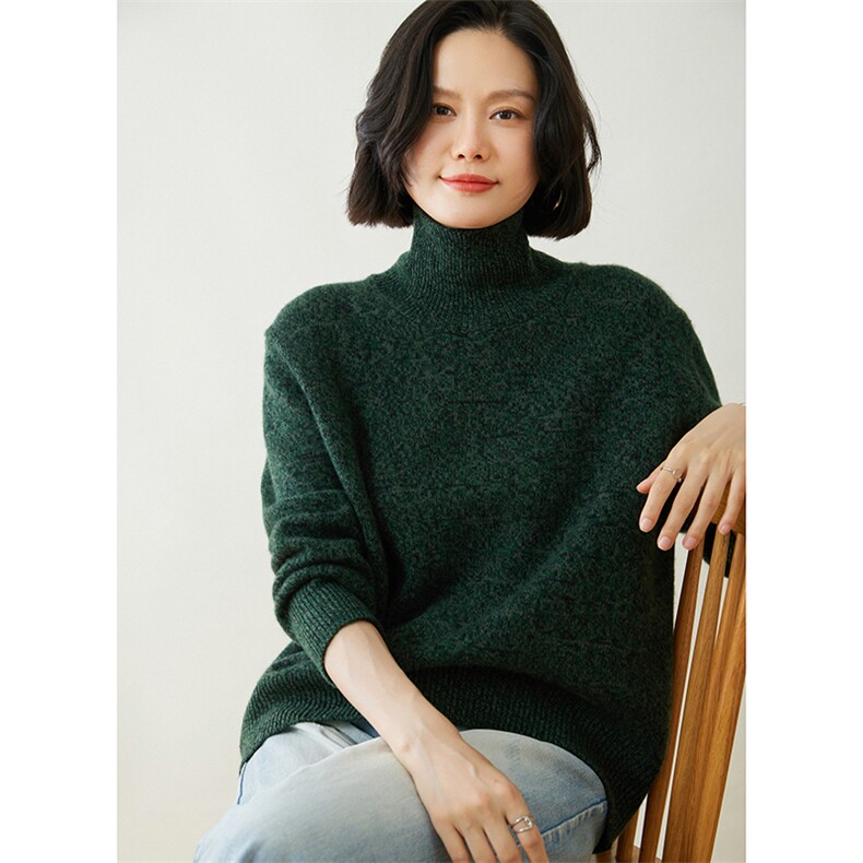 时尚高领宽松羊绒衫粉色花纱加厚保暖毛衣,女装羊绒衫,迎冬羊绒